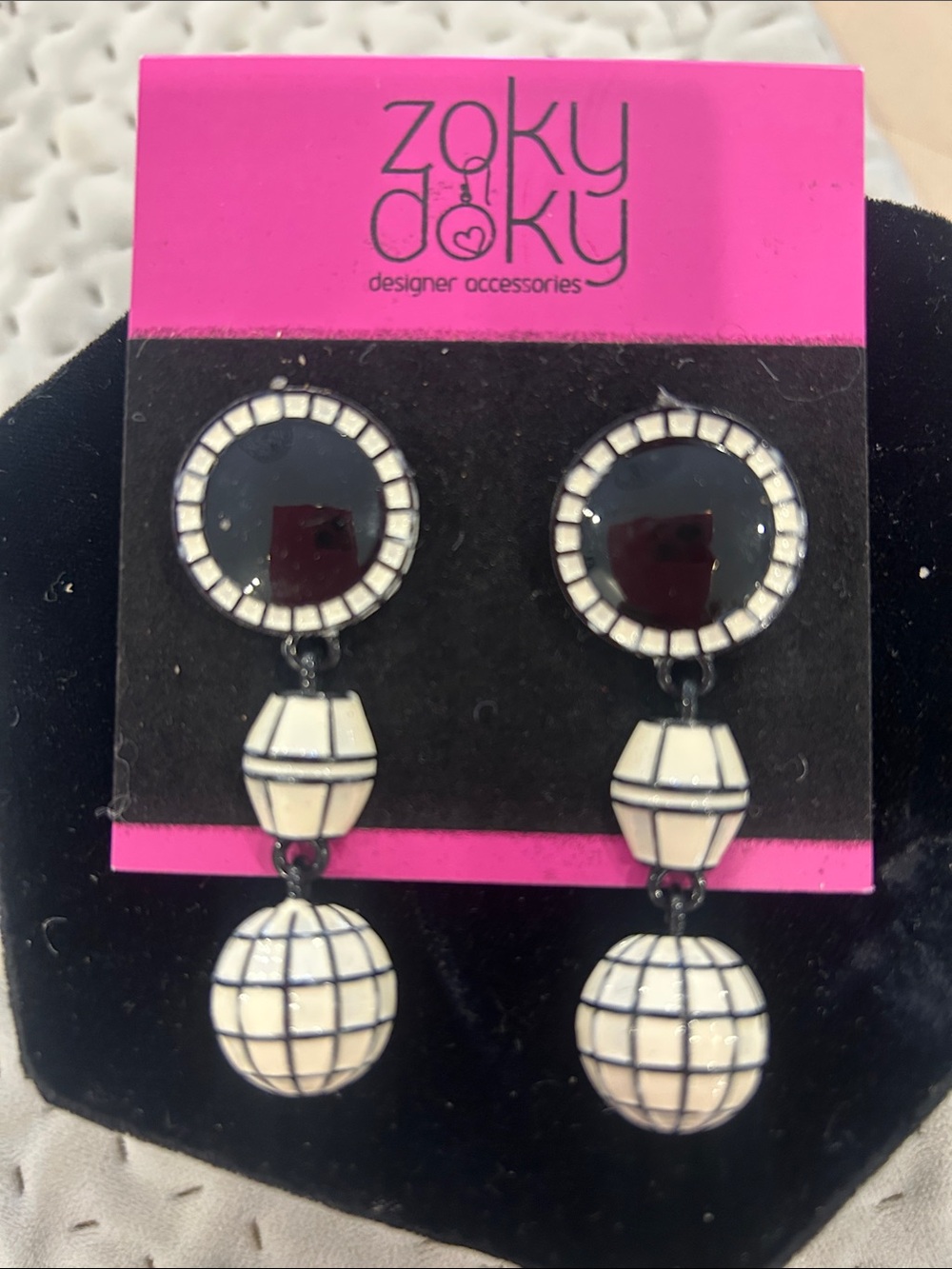 Black and White Geometric Enamel Drop Earrings-NWT